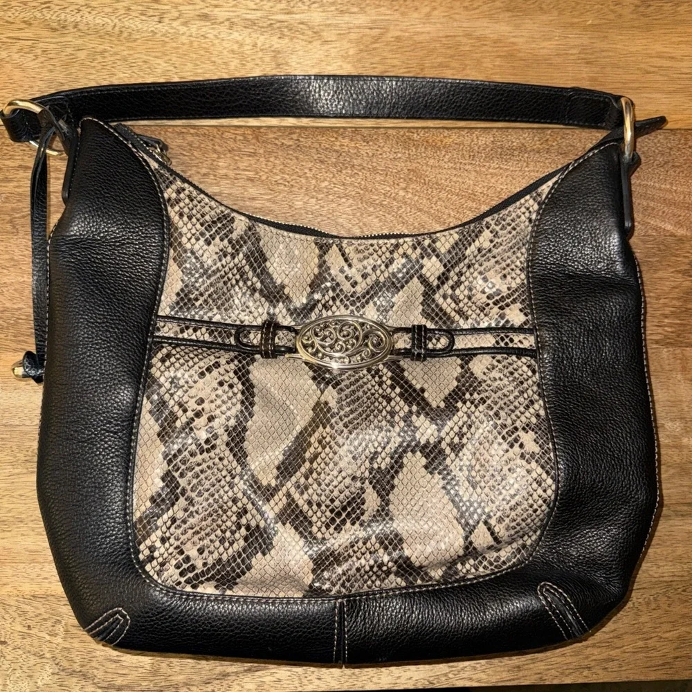 Vintage Brighton Black Pebbled Leather Python-Embossed Hobo Style Shoulder Bag